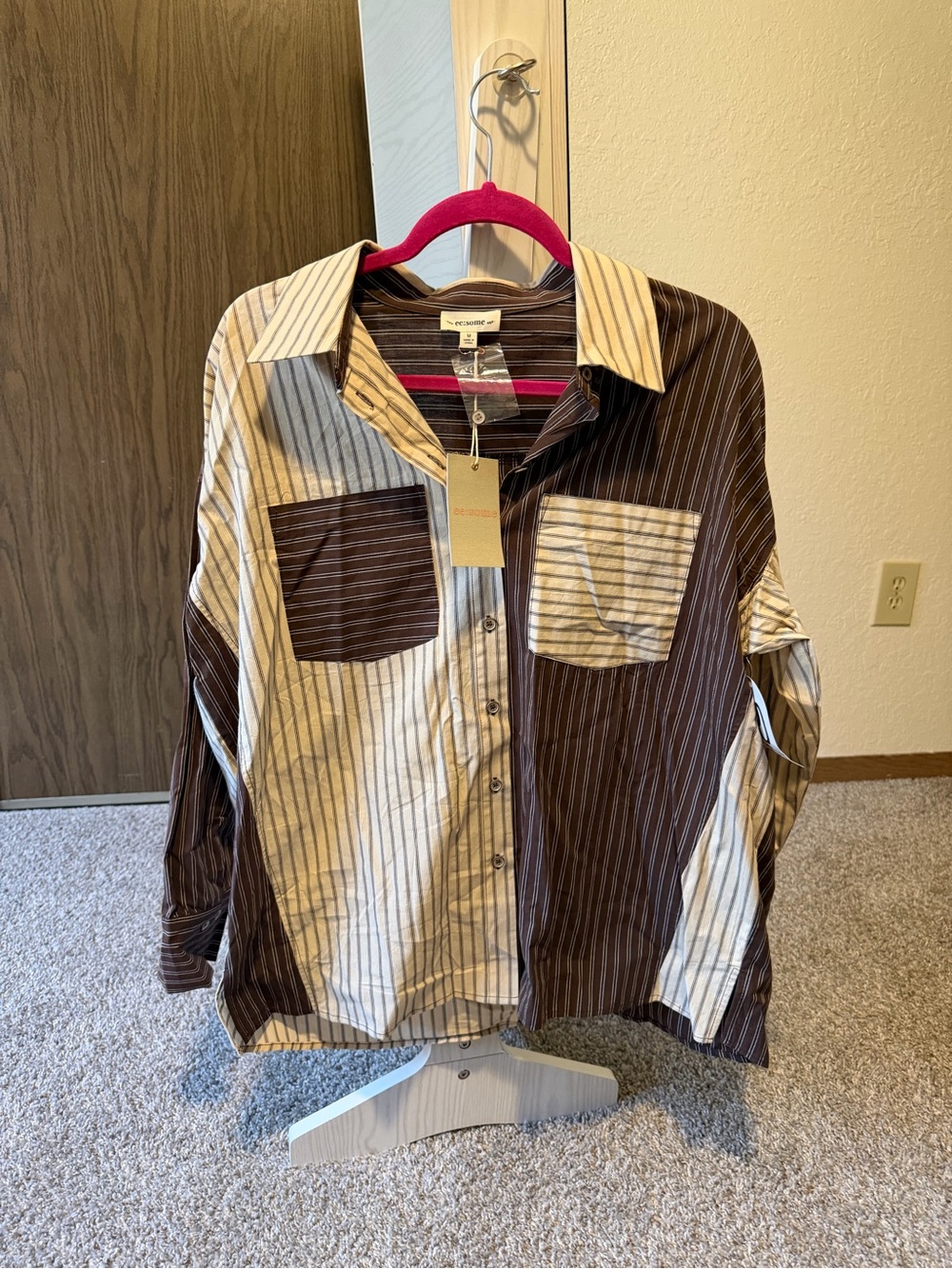 eesome Brown and Cream Striped Patchwork Button-Down Shirt